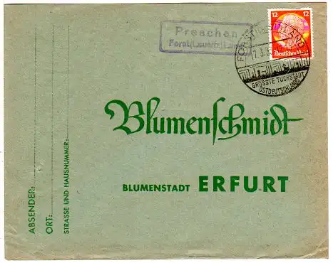 DR 1933, Landpost Stpl. PRESCHEN über Forst (Lausitz) Land auf Brief m. 12 Pf.