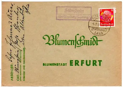 DR 1937, Landpost Stpl. STÜNZHAIN über Altenburg auf Brief m. 12 Pf. 