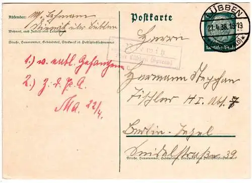DR 1938, Landpost Stpl. NIEWITZ über Lübben auf Karte m. 6 Pf.