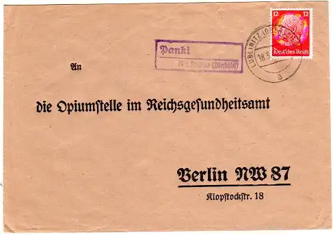 DR 1940, Landpost Stpl. PANKI über Lublinitz auf Brief m. 12 Pf. 