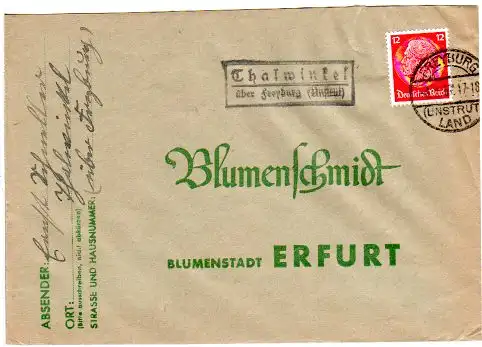 DR 1937, Landpost Stpl. THALWINKEL über Freyburg (Unstrut) auf Brief m. 12 Pf. 