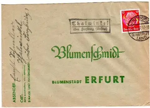 DR 1937, Landpost Stpl. THALWINKEL über Freyburg (Unstrut) auf Brief m. 12 Pf.