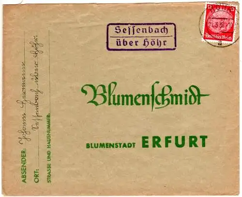 DR 1938, Landpost Stpl. SESSENBACH über Höhr auf Brief m. 12 Pf. 