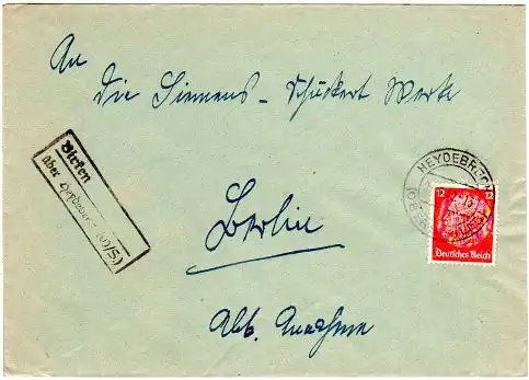 DR 1940, Landpost Stpl. BIRKEN über Heydebreck auf Brief m. 12 Pf. 