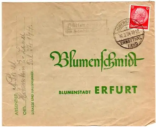 DR 1934, Landpost Stpl. HÜTTENGRUND über Hohenstein-Ernstthal auf Brief m 12 Pf 