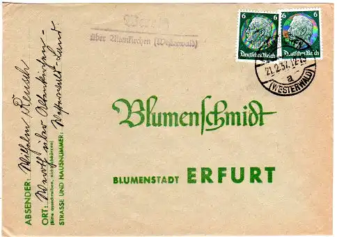 DR 1937, Landpost Stempel WEROTH über Altenkirchen auf Brief m. 2x6 Pf