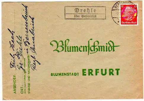 DR 1937, Landpost Stpl. DREHLE über Bersenbrück auf Brief m. 12 Pf.