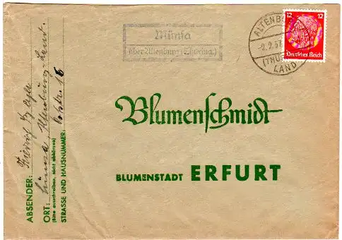 DR 1937, Landpost Stpl. MÜNSA über Altenburg (Thüringen) auf Brief m. 12 Pf.