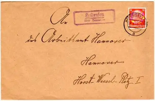DR 1933, Landpost Stpl. HOLTENSEN über Hannover auf Brief m. 12 Pf.