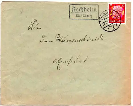 DR 1936, Landpost Stpl. FECHHEIM über Coburg auf Brief m. 12 Pf.