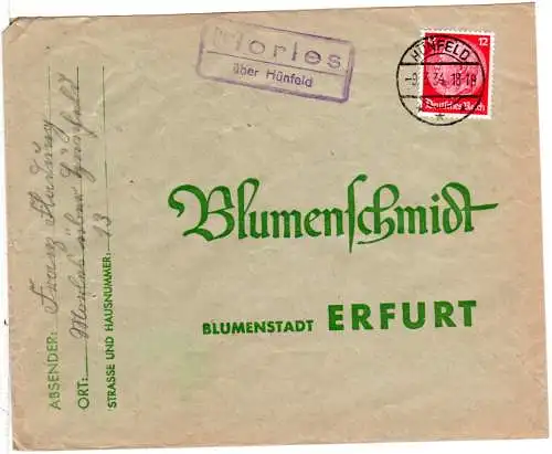 DR 1934, Landpost Stpl. MORLES über Hünfeld auf Brief m. 12 Pf. 