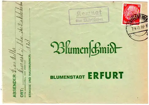 DR 1941, Landpost Stpl. Kemnat über Dinkelscherben auf Brief m. 12 Pfg. 