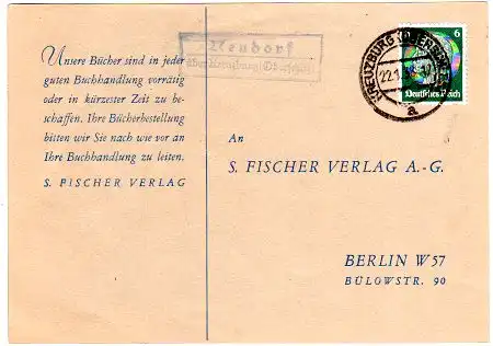 DR 1938, Landpost Stpl. NEUDORF über Kreuzberg auf Karte m. 6 Pf. 
