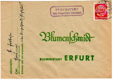 DR 1937, Landpost Stpl. HORSMAR über Dingelstädt auf Brief m. 12 Pfg. 