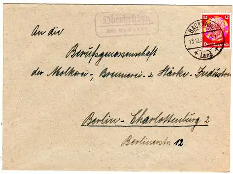 DR 1935, Landpost Stpl. OBERBRÜDEN über Backnang auf Brief m. 12 Pf.