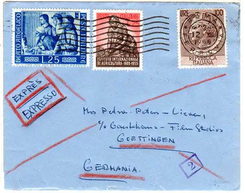Italien 1955, 100+2x25 L. auf Express Brief v. Rom via Frankfurt n. Göttingen