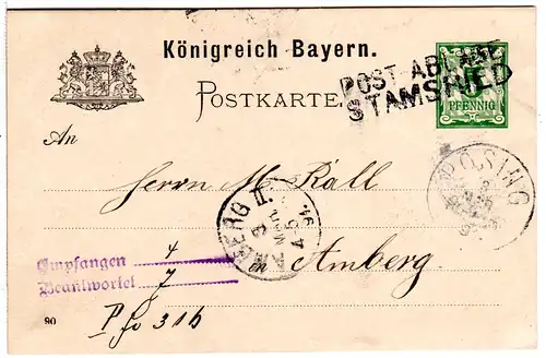 Bayern 1891, L2 Postablage Stamsried u. K1 Pösing auf 5 Pf. Ganzsache