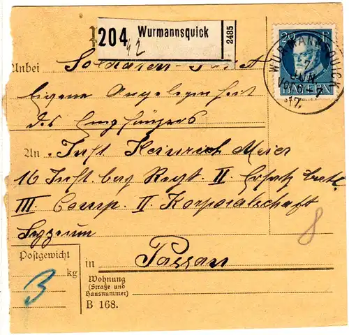 Bayern 1917, EF 20 Pf. Ludwig auf Soldaten-Paketkarte v. Wurmannsquick