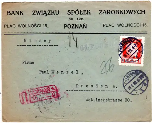 Polen 1928, 1 Zl. auf Firmen Einschreiben Brief v. Poznan n. Deutschland.