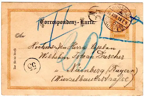 Bayern 1919, P.C.N., Porto Controlle Nürnberg auf Österreich Ganzsache ab Ungarn