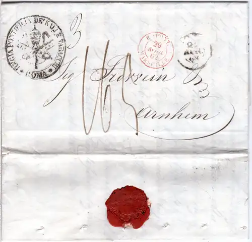 Italien Kirchenstaat 1862, Schiffsbrief v. Rom via Marseille n. Arnheim, NL