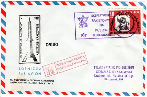 Polen 1961, Raketenpost, Versuchsflug Brief m. 40 Gr. u. diversen Stempeln