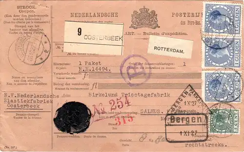NL 1927, 5 C.+3x1G. on parcelcard from Oosterbeek to Bergen, Norwegen 