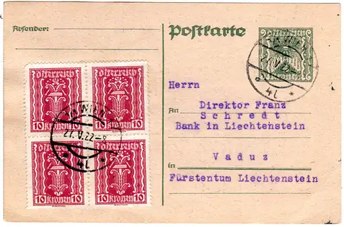 Österreich 1922, 4er-Block 10 Kr. auf 5 Kr. Ganzsache v. Wien n. Liechtenstein