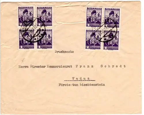 Österreich 1922, zwei 4er-Blöcke 1 Gr. auf Drucksache Brief v. Wien n. Vaduz
