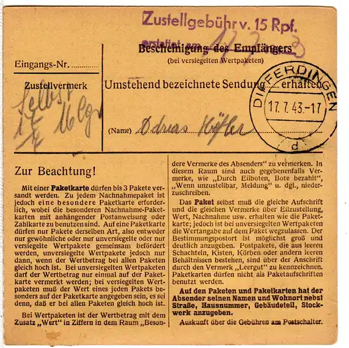 Luxemburg DR 1943, 5+60 Pf. auf Paketkarte v. Harlingen m. rs. Zustellgebühr-L2