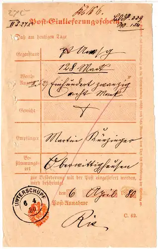 DR 1880, K2 Unterschüpf klar auf Post Einlieferungsschein f. eine Postanweisung