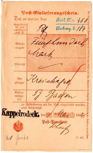 DR 1892, L1 Kappelrodeck klar auf Post Einlieferungsschein f. eine Postanweisung