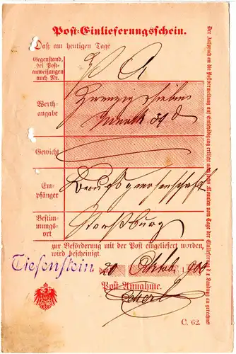 DR 1900,  L1 Tiefenstein klar auf Post Einlieferungsschein f. eine Postanweisung