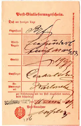 DR 1889,  L1 SCHÖNAU (Wiesenthal) klar auf Post Einlieferungsschein 