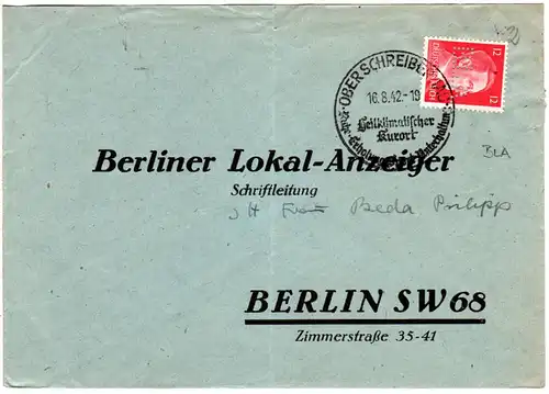 DR 1942, 12 Pf. Hitler m. Firmenlochung perfin auf Brief v. Oberschreiberhau