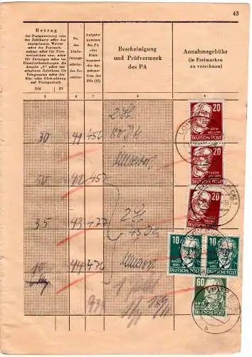 DDR 1952, 7 Marken f. Gebühren auf Seite eines Posteinlieferungsbuches v. Loitz.
