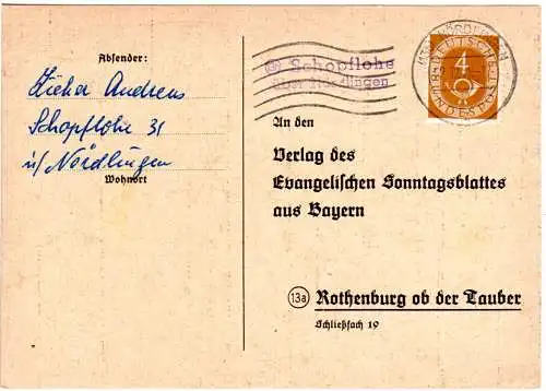 BRD 1954, L2-Landpost Stpl. 13b SCHOPFLOHE über Nördlingen auf Karte m. 4 Pf.