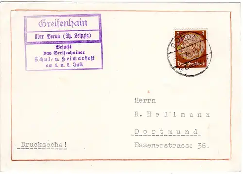 DR 1936, Landpost Stpl. GREIFENHAIN über Borna auf Schul- u. Heimatfest Karte