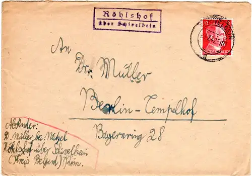 DR 1942, Pommern-Landpost Stpl. RÖHLSHOF über Schivelbein auf Brief m. 12 Pf.