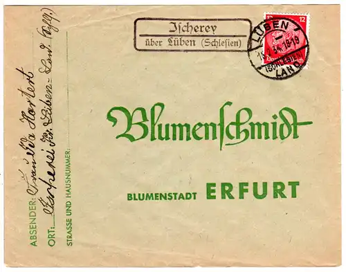 DR 1934, Landpost Stpl. Ischerey über Lüben (Schlesien) auf Brief m. 12 Pfg.