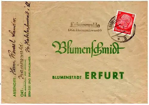 DR 1937, Landpost Stpl. KAISERSWALDE (Kreis Habelschwerdt) auf Brief m. 12 Pfg.