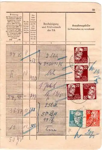 DDR 1950, 6 Marken f. Gebühren auf Seite eines Posteinlieferungsbuches v. Loitz