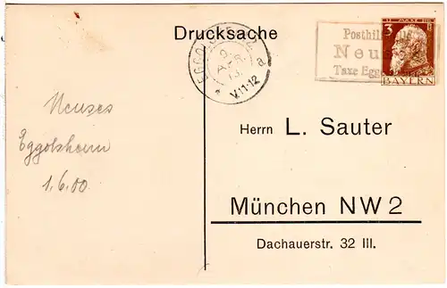 Bayern 1913, Posthilfstelle NEUSES Taxe Eggolsheim als Entwerter auf Ganzsache