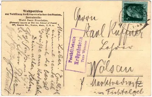 Bayern 1912, Posthilfstelle KRÖGELSTEIN Taxe Wonsees auf Karte m. 5 Pf.