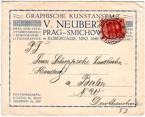 Österreich 1917, attraktiver Umschlag Graphische Kunstanstalt v. Smichov m.15 H 