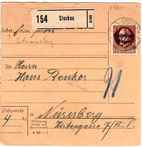 Bayern 1920, Posthilfstelle EMTMANNSBERG Taxe Stockau auf Paketkartem EF 75 Pf.