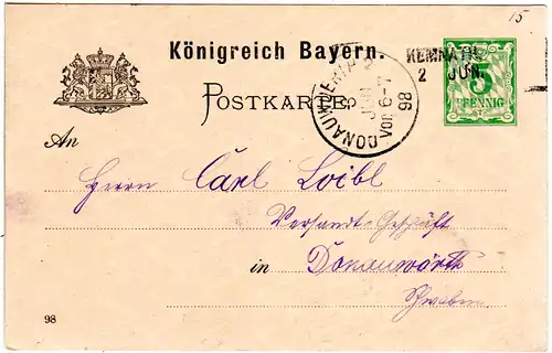 Bayern 1898, L2-Aushilfstempel KEMNATH klar auf 5 Pf. Ganzsache