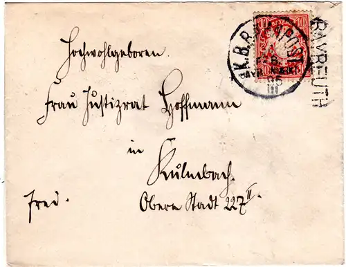 Bayern 1895, L1-Stationsstpl. BAYREUTH klar auf Brief m. 10 Pf. u. Bahnpoststpl.