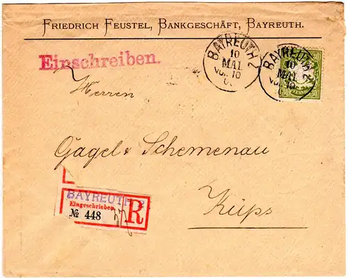Bayern 1900, eingestempelter R-Zettel BAYREUTH 2 auf Firmen Rekobrief m. 30 Pf.
