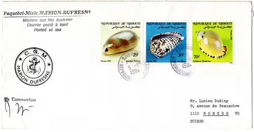 Djibouti Antarktis 1984, 3 Marken auf Marion Dufresne Brief m. Unterschrift